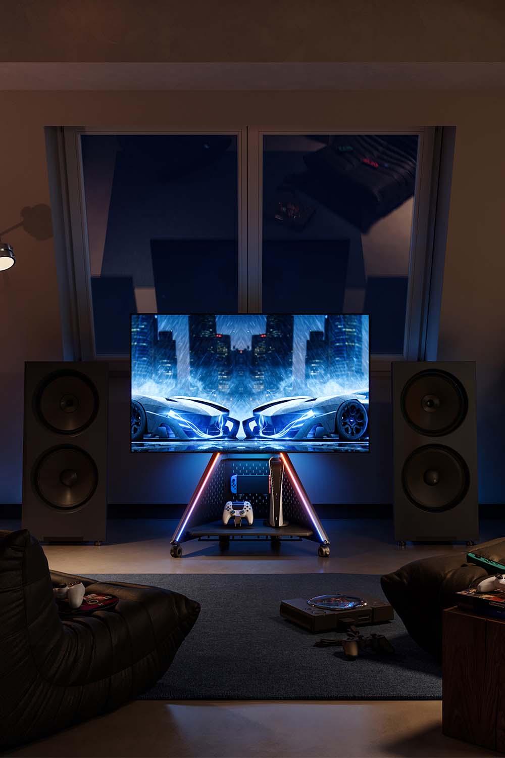 Fernsehständer für TV 32–65 Zoll im Dachboden-Gaming-Zimmer