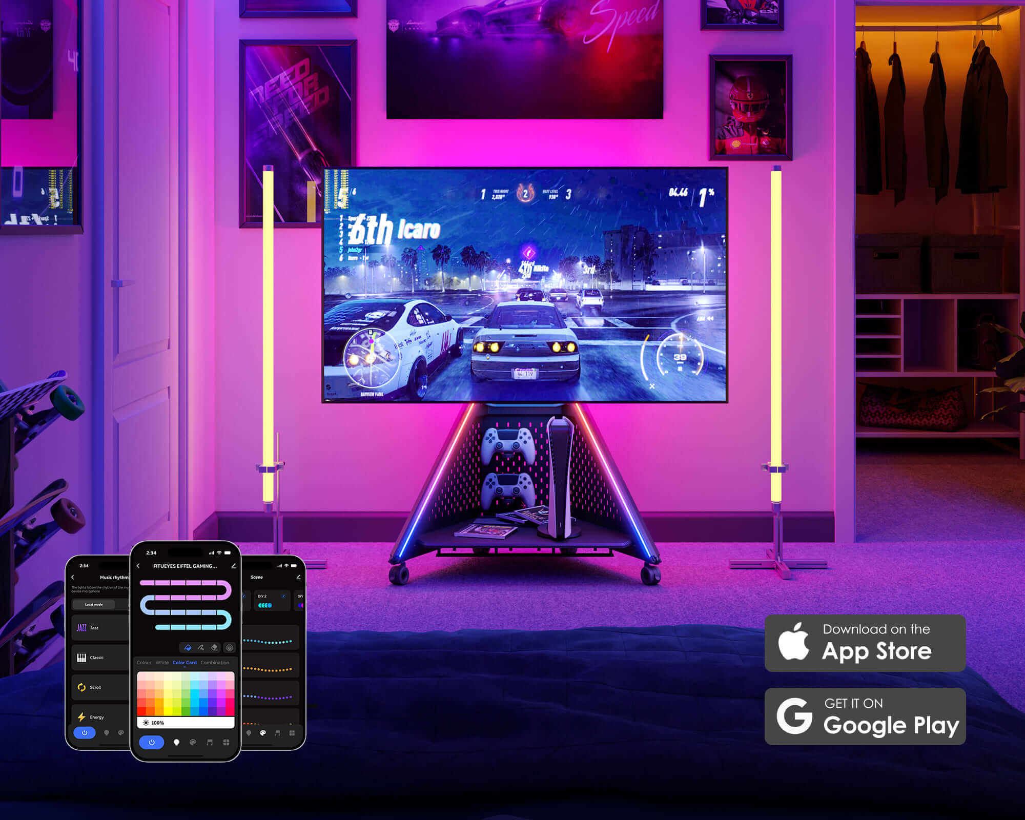 Tv-standaard op wielen met app-lichtbediening, mobiele spelbeleving