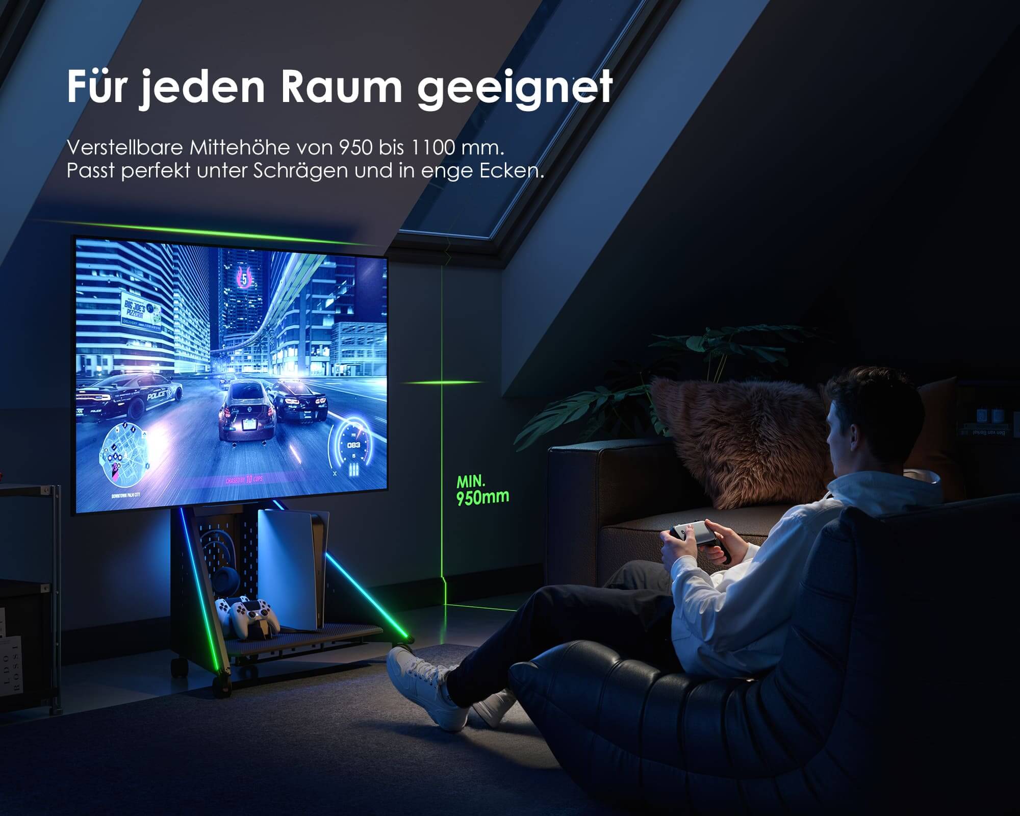 Fernsehständer mit Höhenverstellung für ergonomisches Gaming, geeignet für 32–65 Zoll