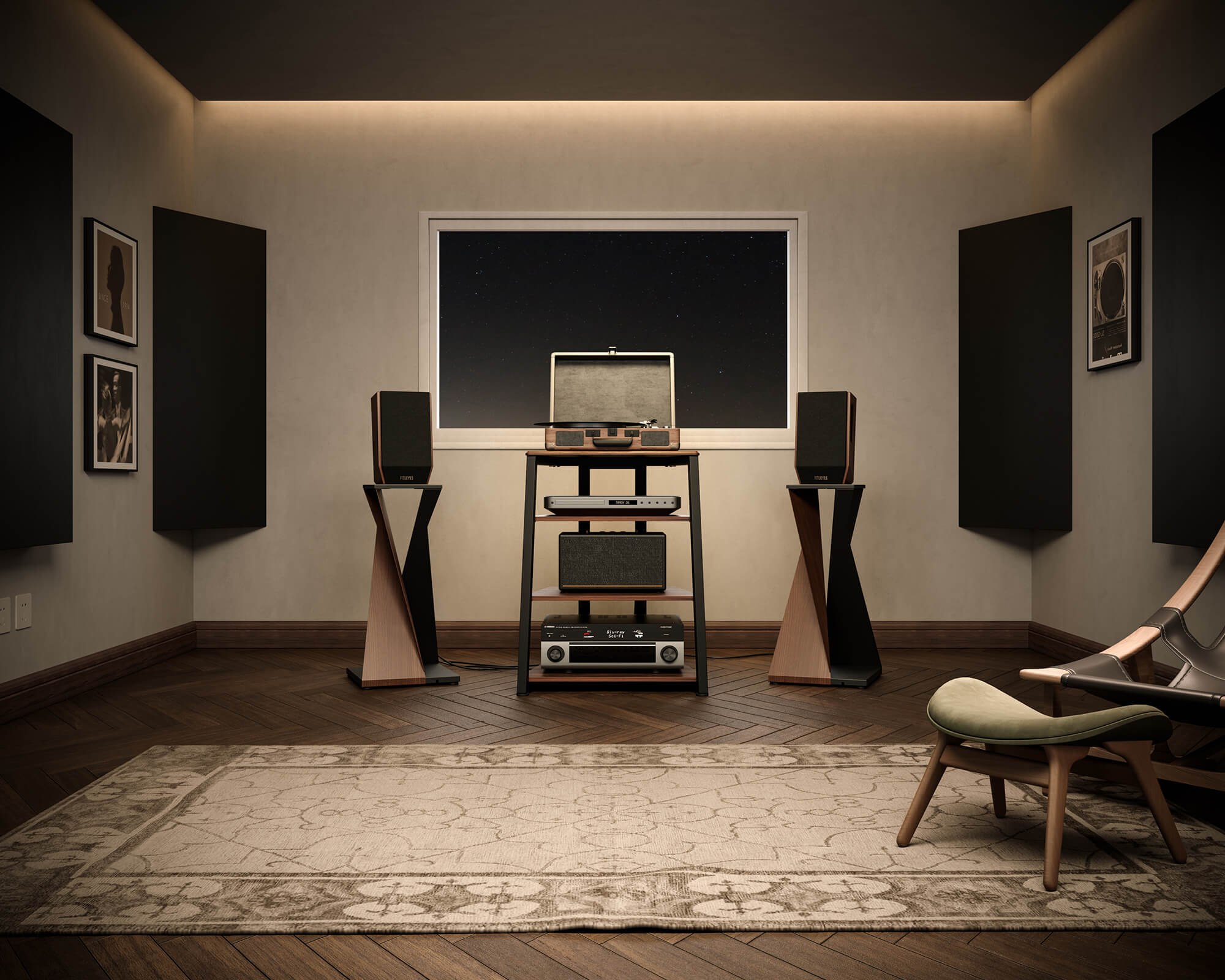 Mobile HiFi a più piani nella sala d'ascolto con amplificatore, lettore CD e giradischi.