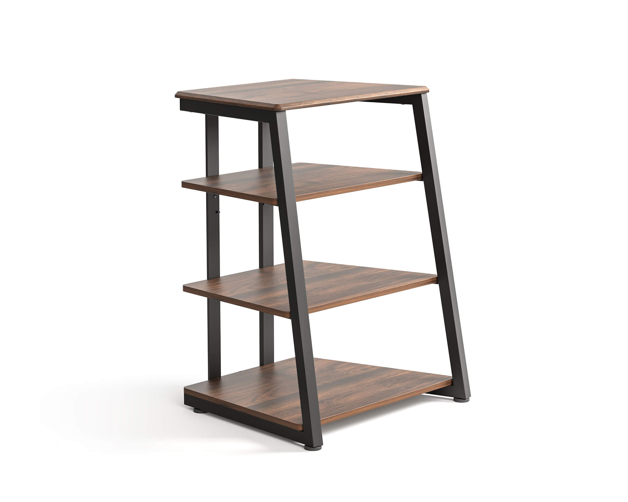 Mobile HiFi a più piani con ripiani aperti per amplificatori, giradischi e accessori audio.