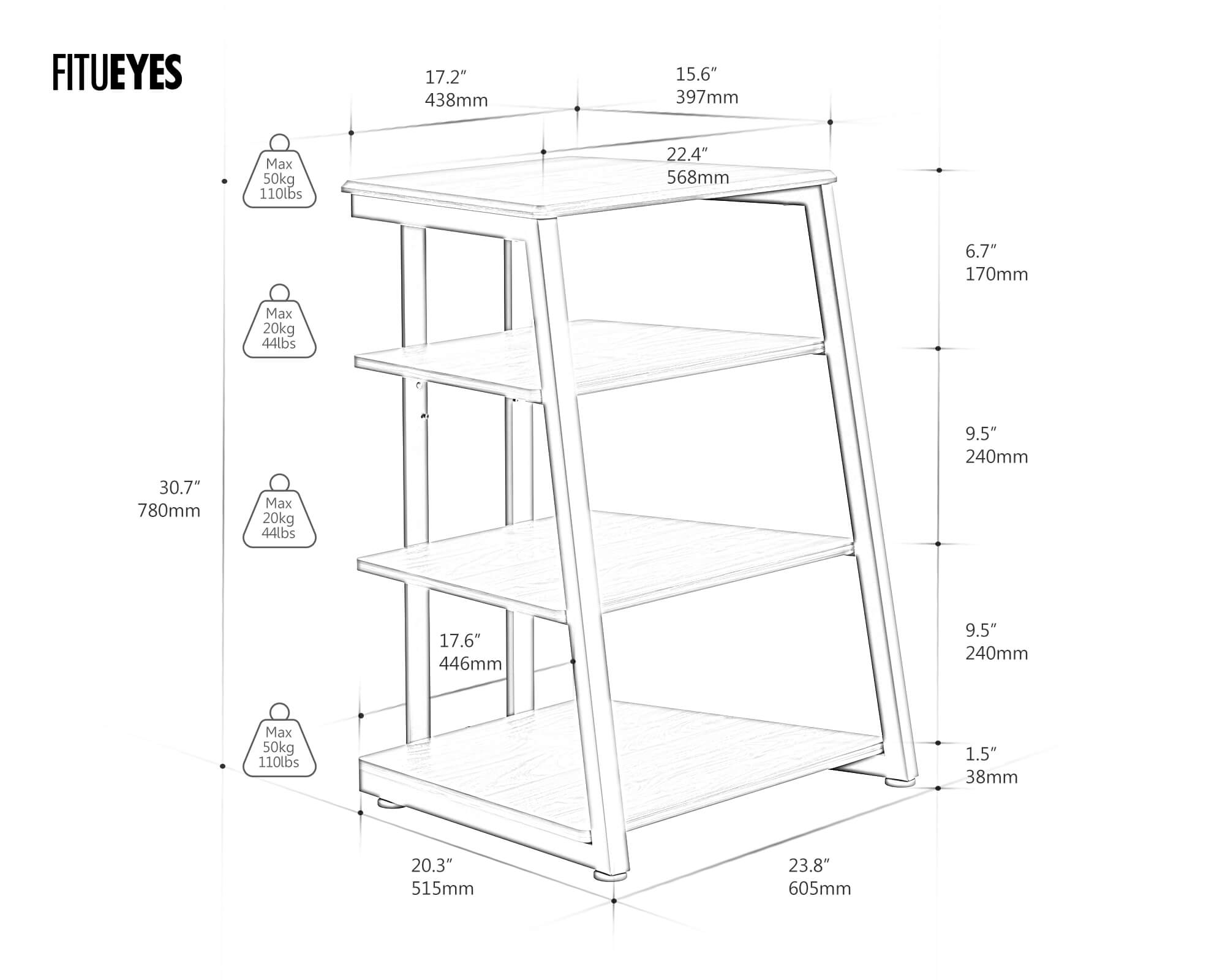 Disegno tecnico del rack audio HiFi con indicazioni di altezza, larghezza e profondità dei singoli livelli.