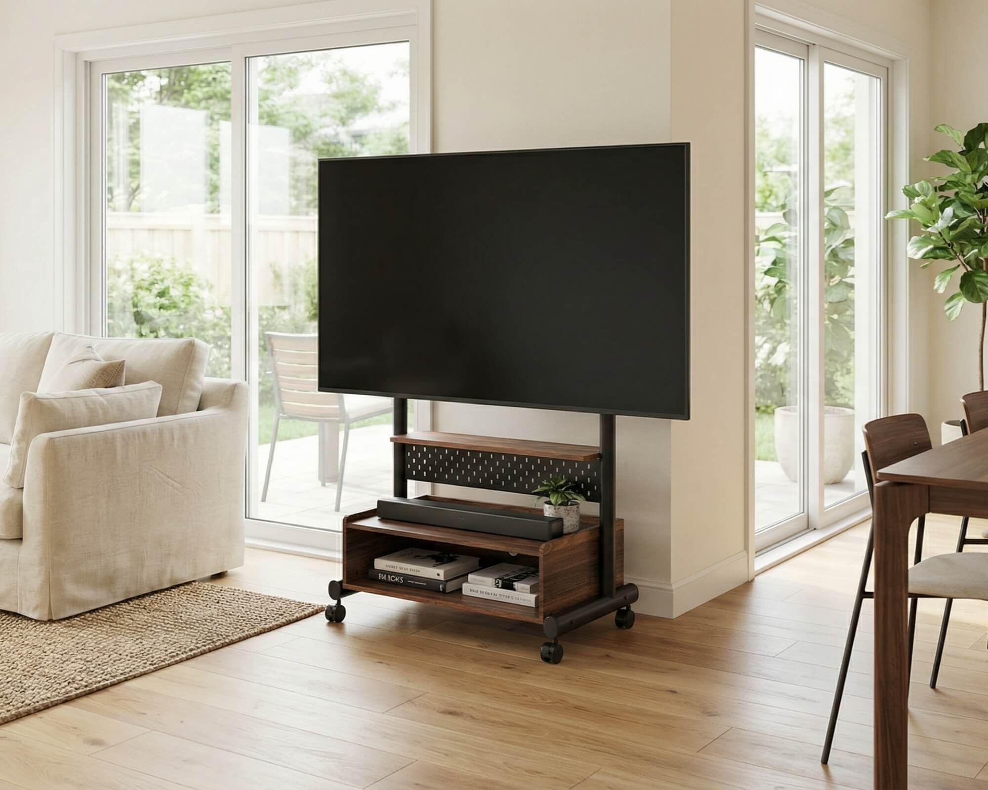 TV Wagen mit Rollen, flexibler TV Ständer im hellen Wohnbereich