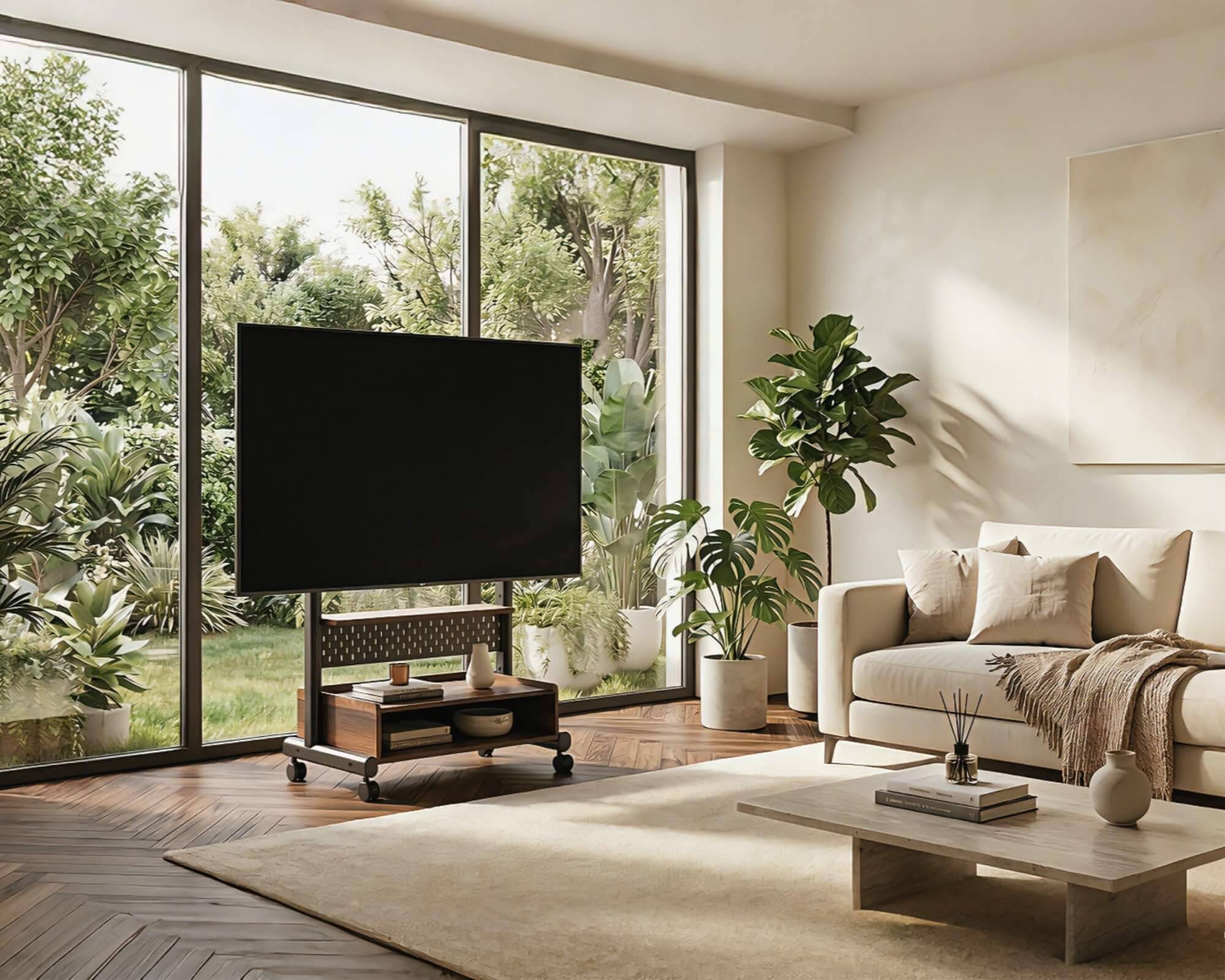 Stilvoller TV Standfuß in Walnuss-Optik für ein modernes Wohnzimmer.