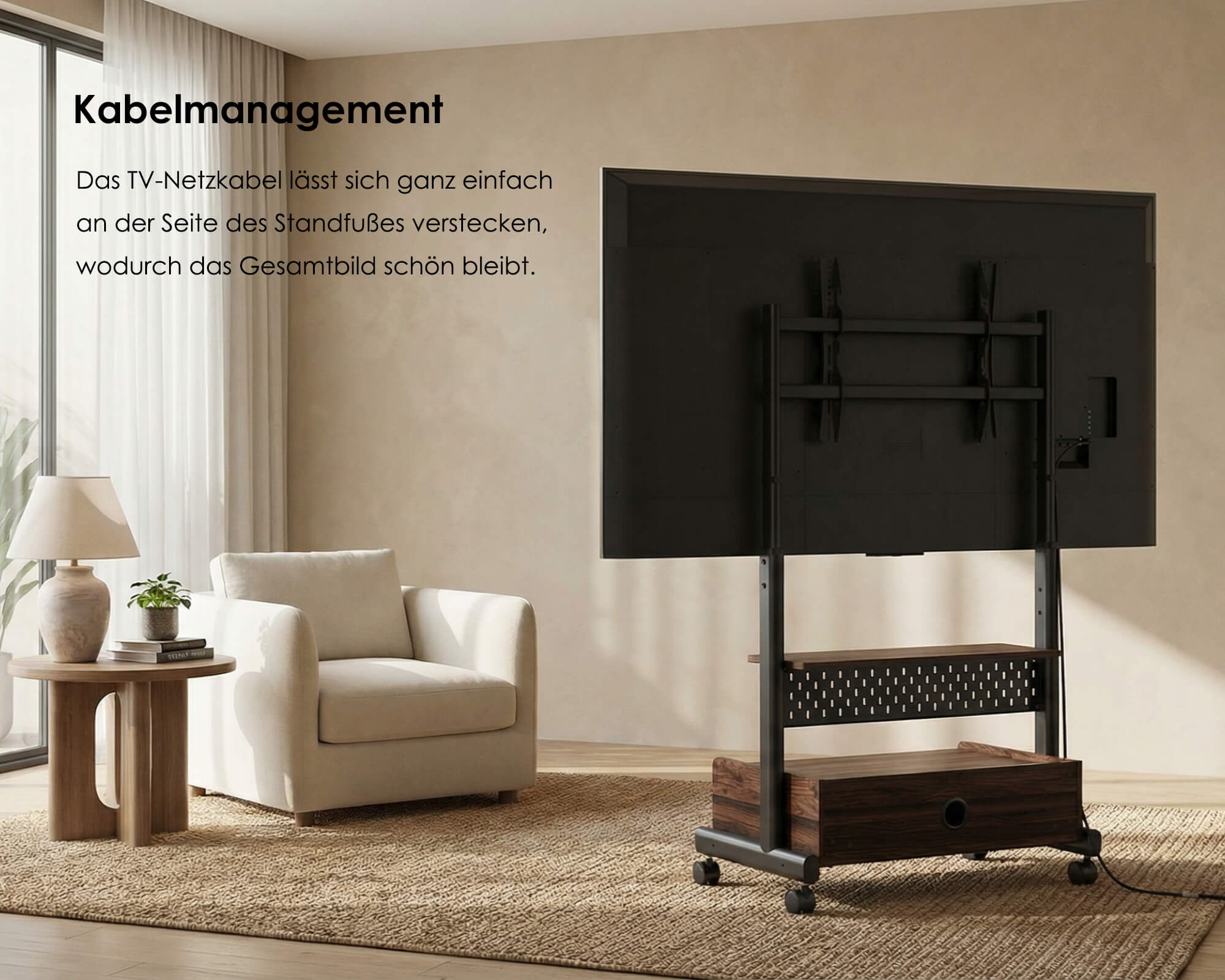 Minimalistischer TV Standfuß mit integriertem Kabelmanagement