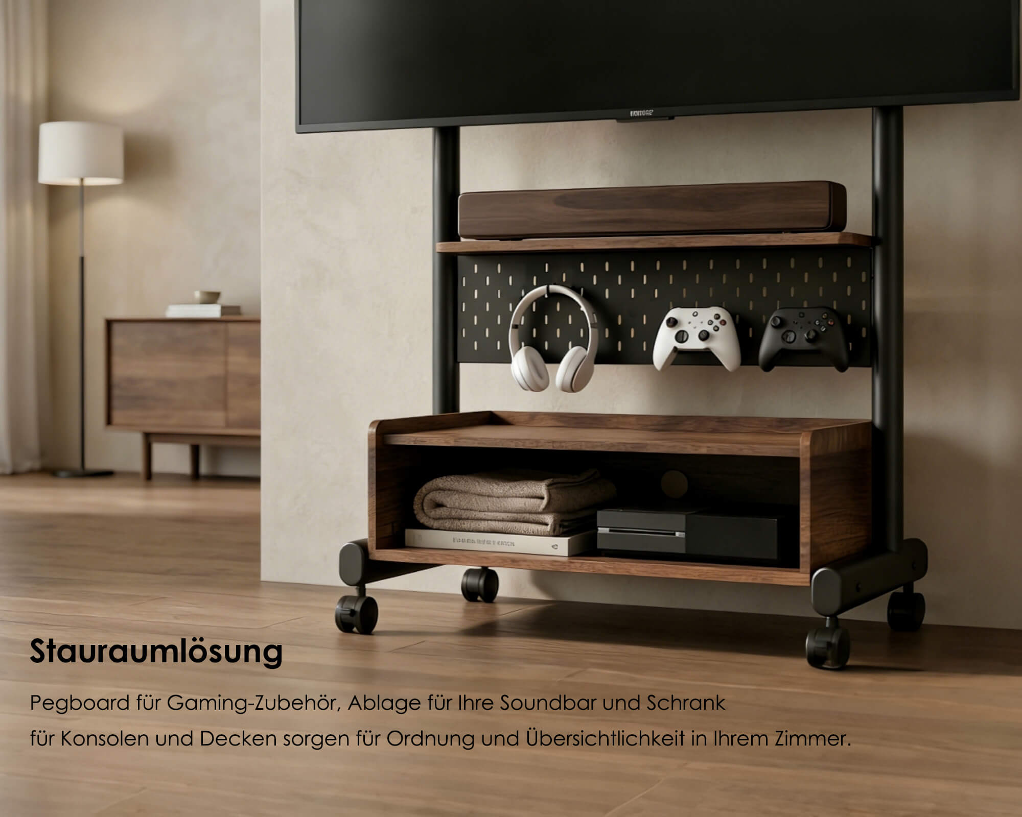 TV Wagen mit Pegboard für Gaming-Setups, organisierter TV Ständer mit Ablage