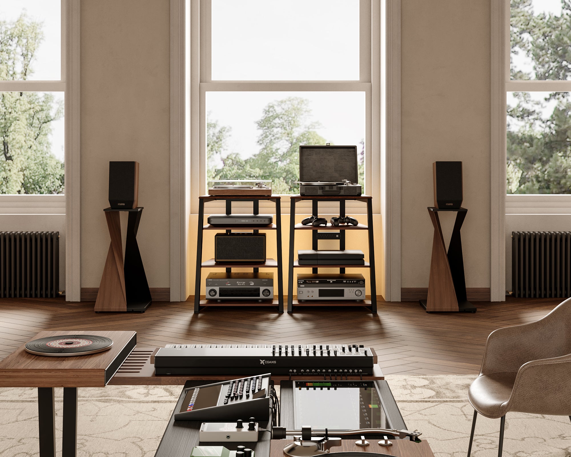 LED Audio Rack im Musikzimmer mit Eiffel Lautsprecherständern