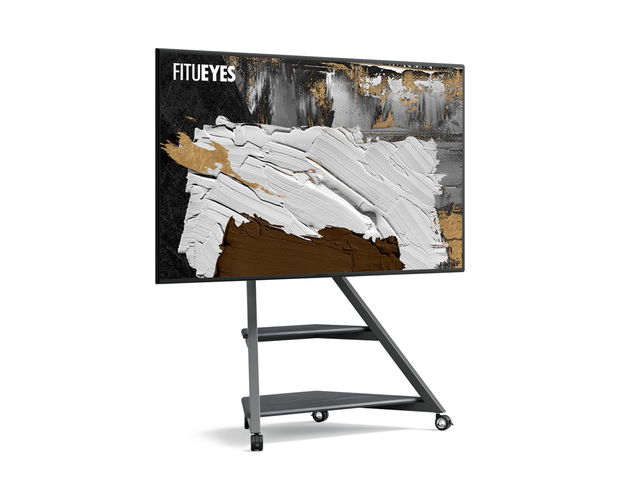 Black TV stand with metal and wood casters