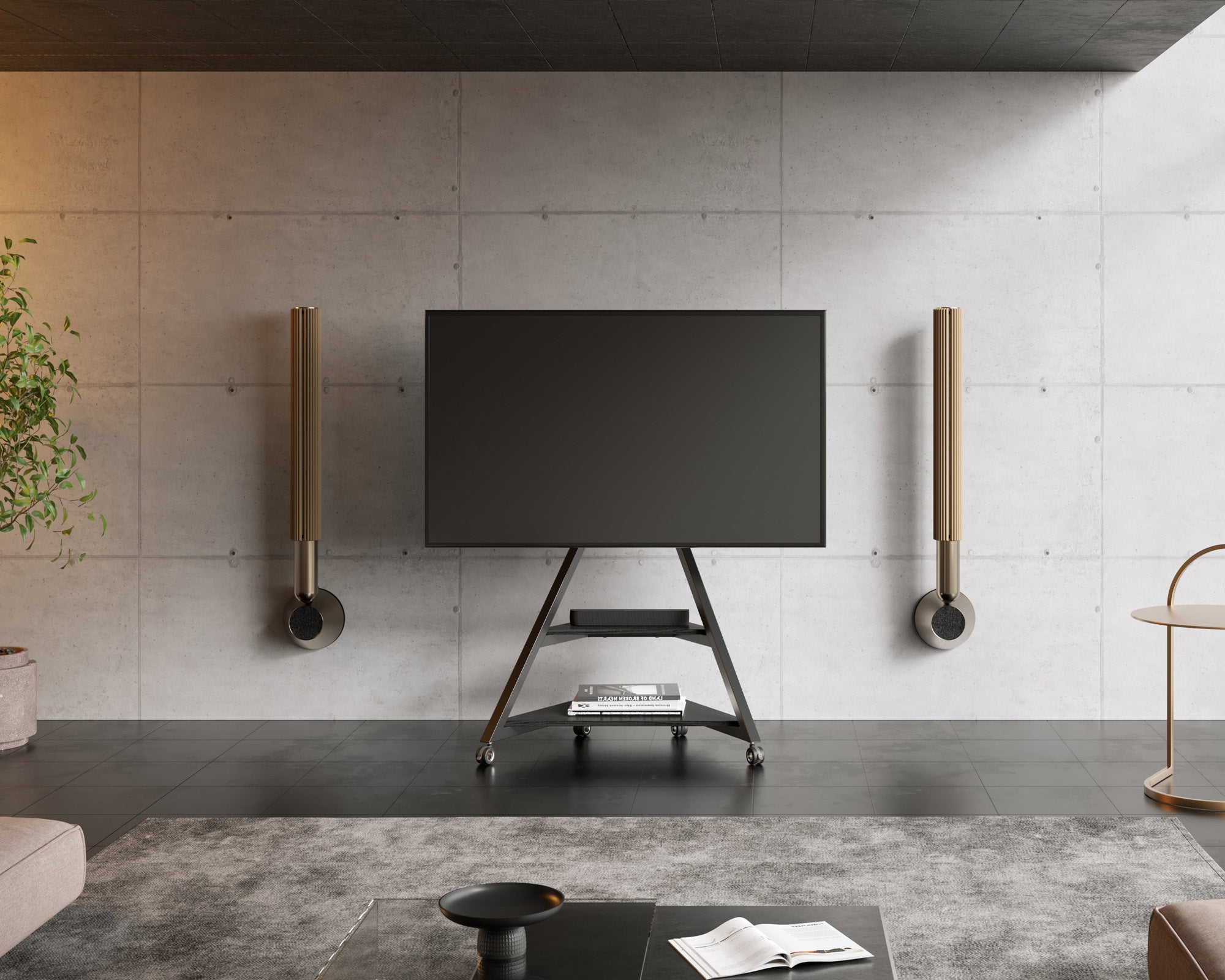 black TV stand with wheels