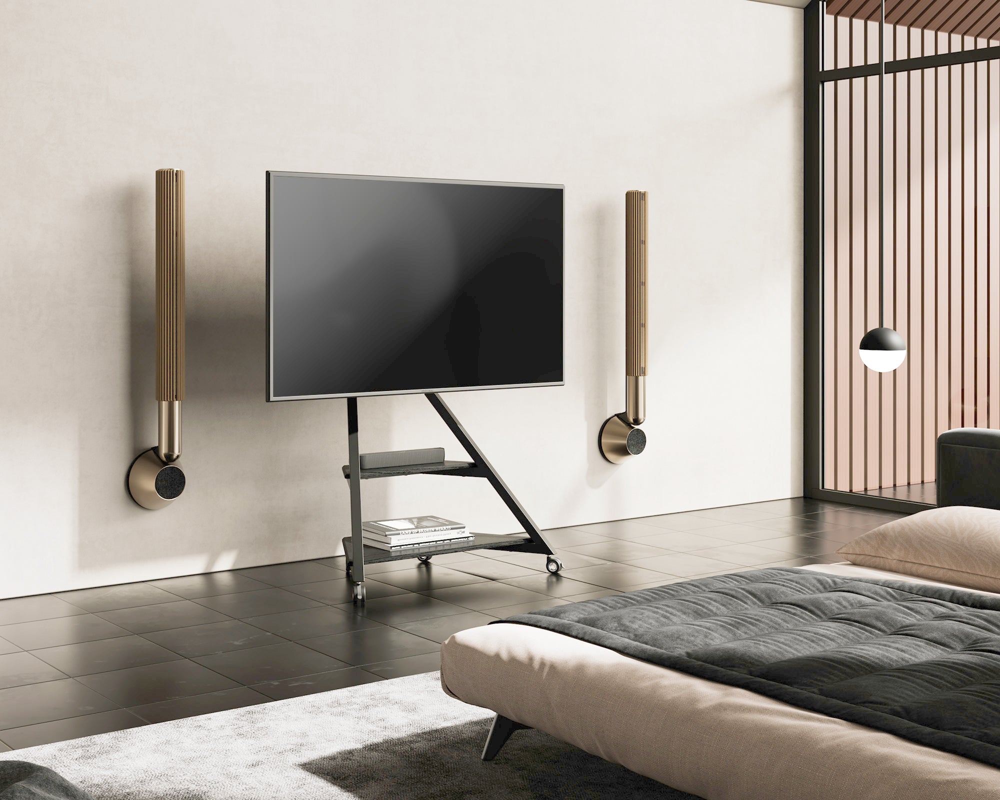 mobile TV stand in the bedroom