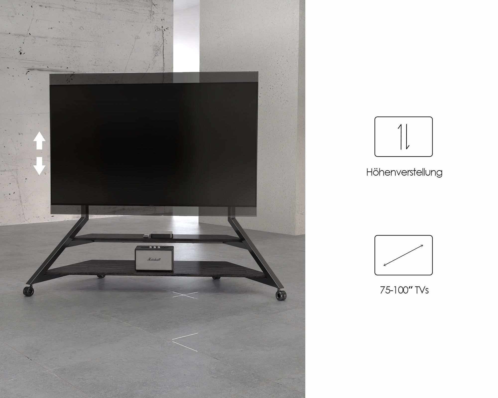Maße und Höhenverstellung des Eiffel Serie TV-Ständers für Fernseher von 75 bis 100 Zoll