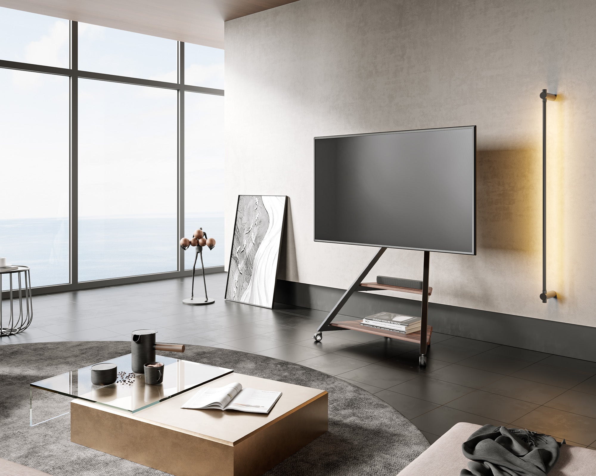 Elegant TV stand with large television in modern living room design