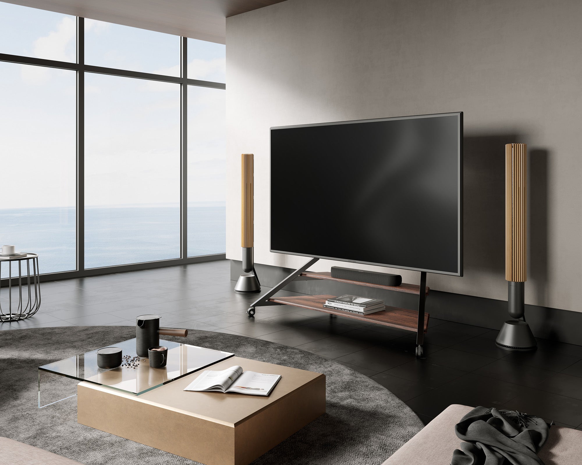 Großer TV-Ständer in einem modernen Schlafzimmer oder Wohnbereich