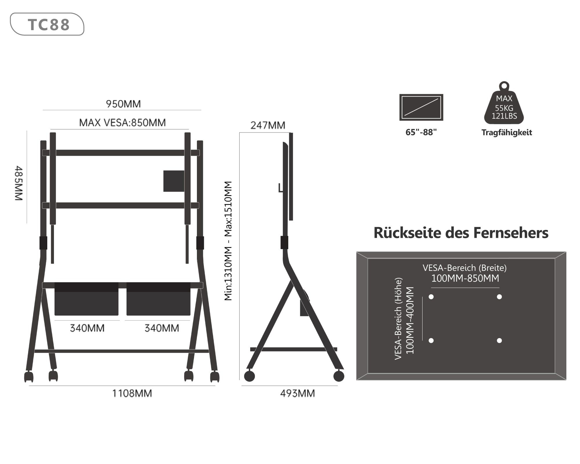 Collector TC88 Supporto tv da terra con ruote