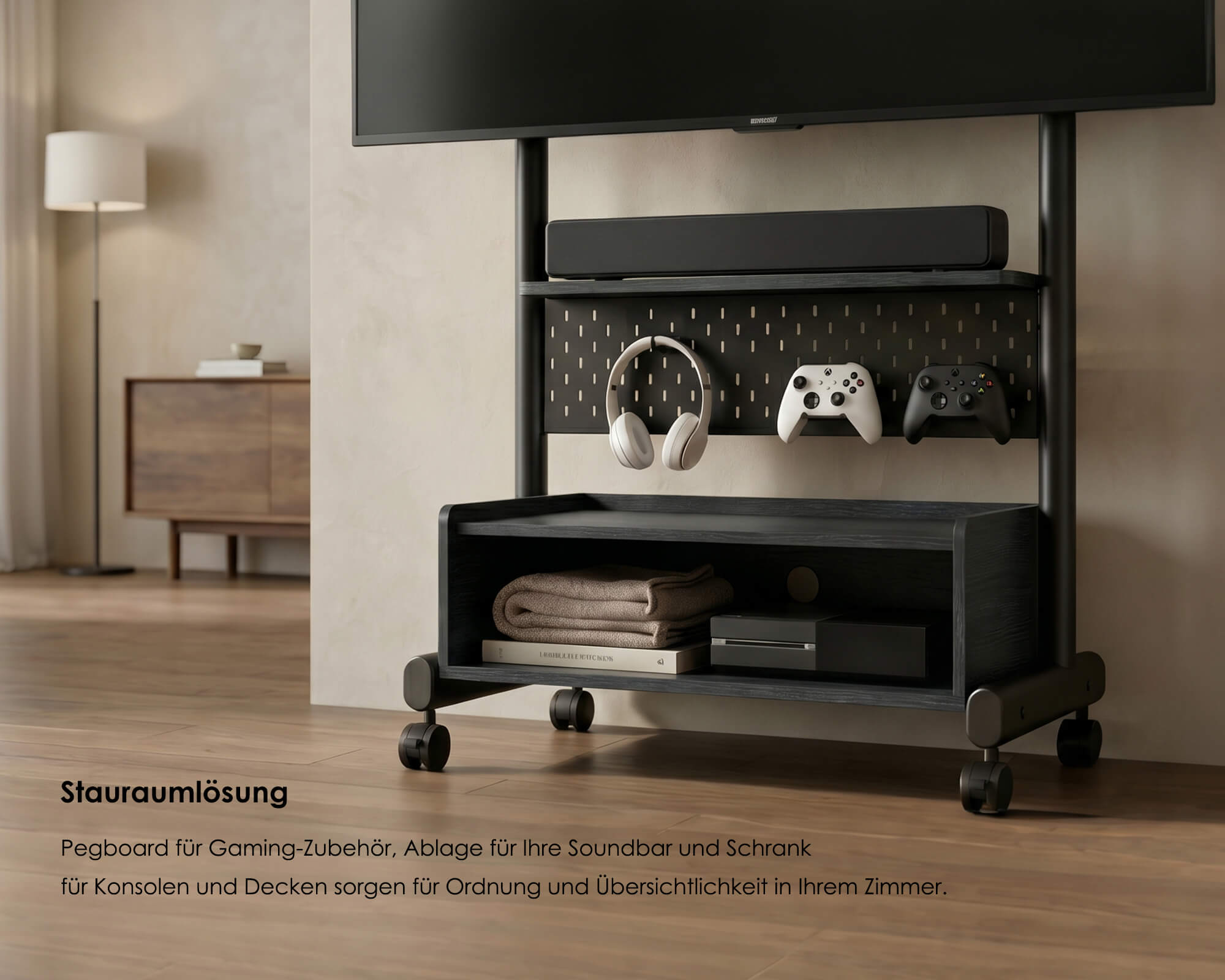 FITUEYES TV Ständer in Schwarz inklusive Halterung für Mediaplayer.