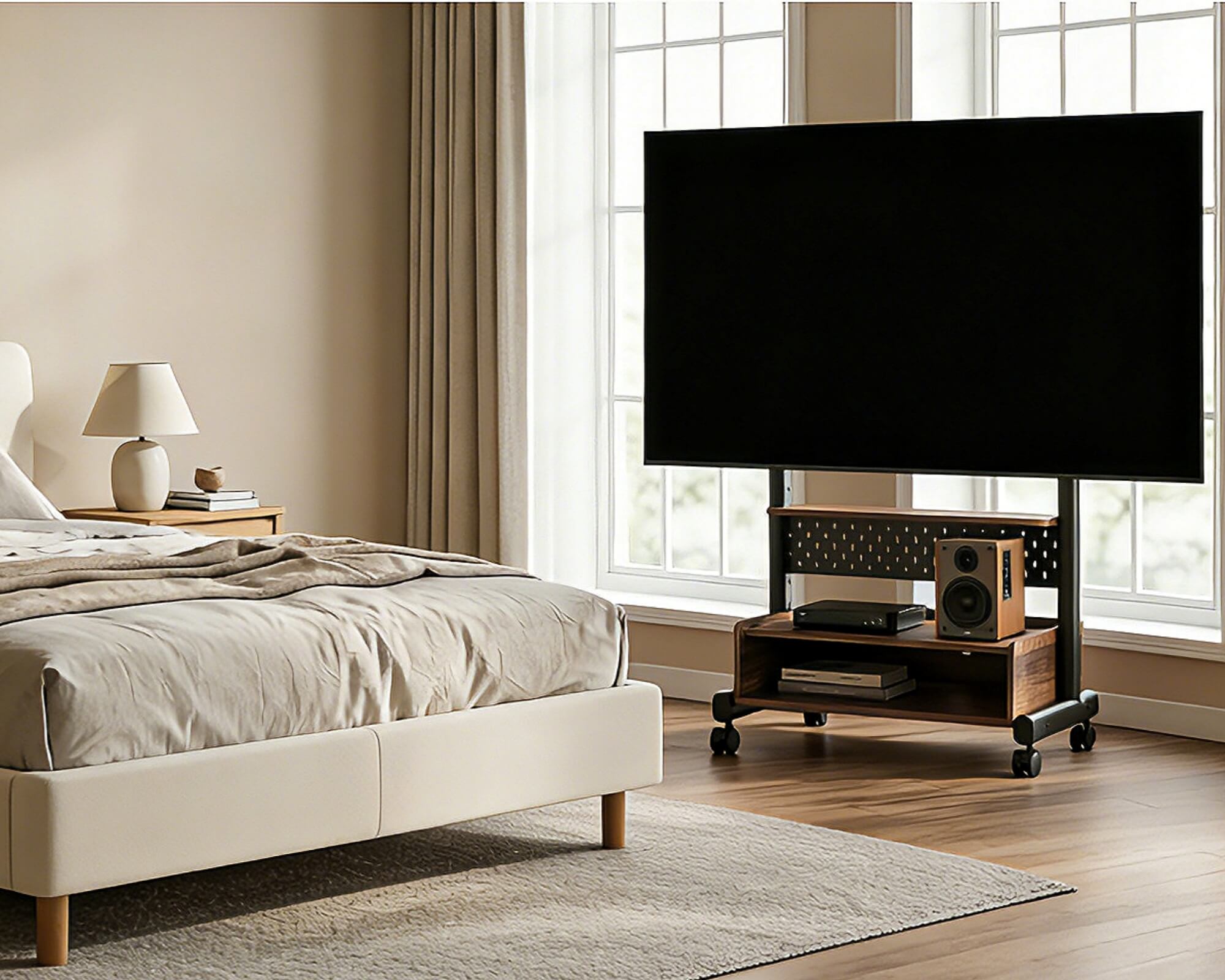 Rollbarer TV Standfuß am Fenster, flexibler Fernseher Ständer