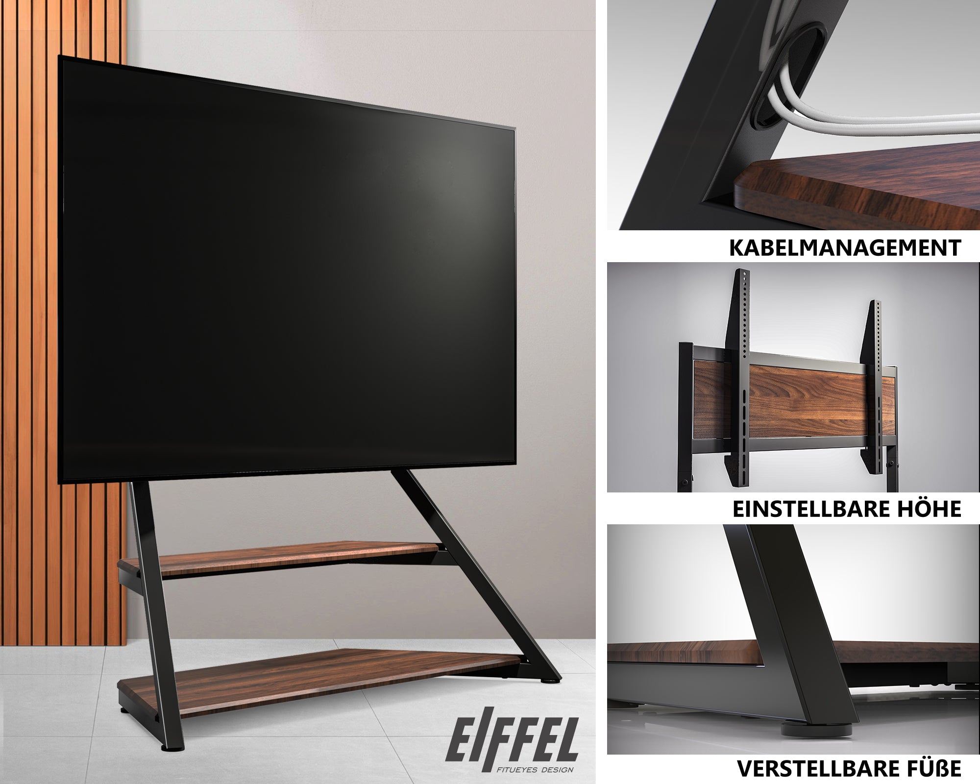 Fernseherständer mit integriertem Kabelmanagement und stabilem Holzpedestal