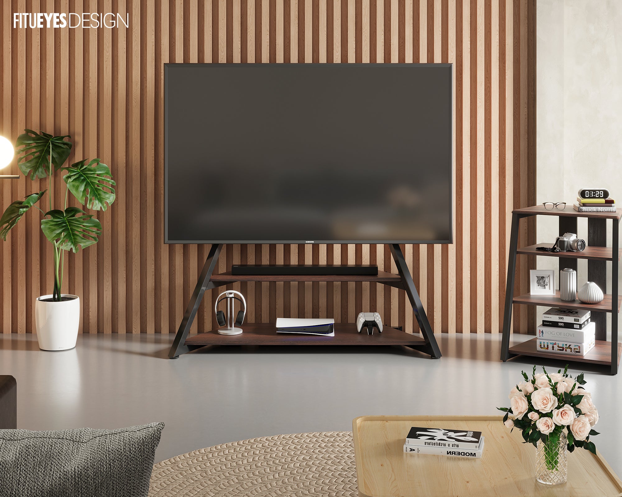 Freistehender Fernseher-Ständer mit Regal in Walnussoptik